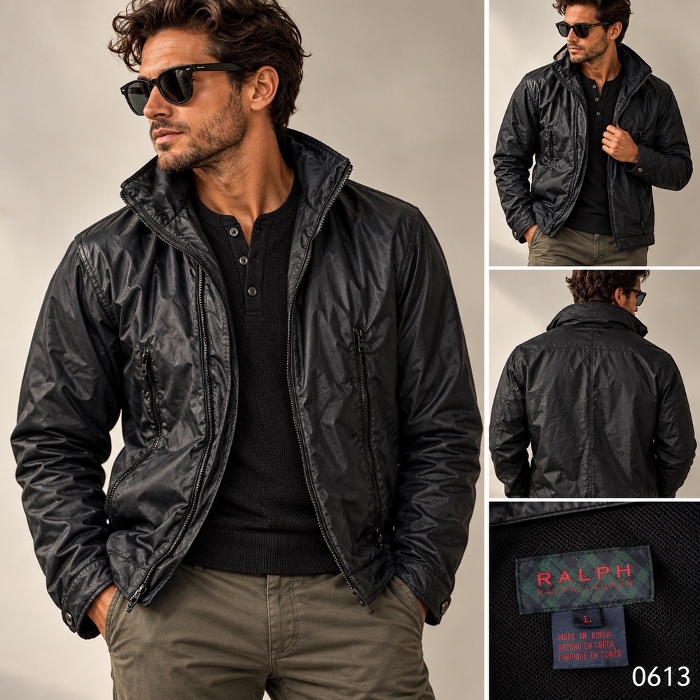 Vintage Ralph Lauren Rider Coated Jacket L Black Made Korea Stowaway Hood 0613
